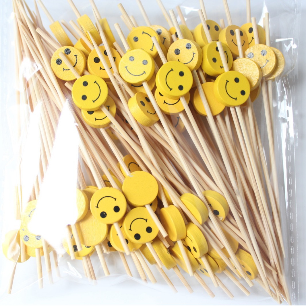 BambooMake.cn, 100 pieces/pack, single-sided yellow smiley face disposable fruit and cocktail sticks