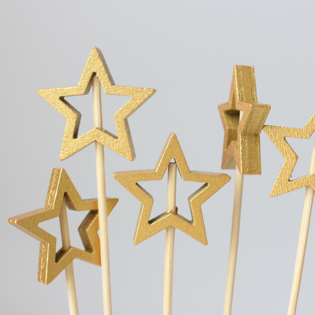 BambooMake.cn, 100 pieces/pack, hollowed-out gold five-pointed star, disposable fruit and cocktail s
