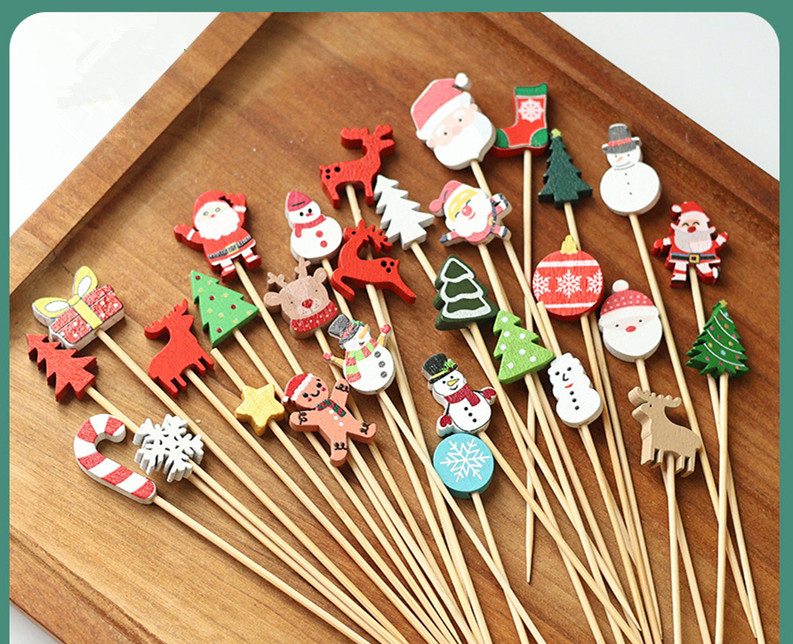 BambooMake.cn, 100 pieces/pack, Christmas random mix and match disposable fruit picks, cocktail pick