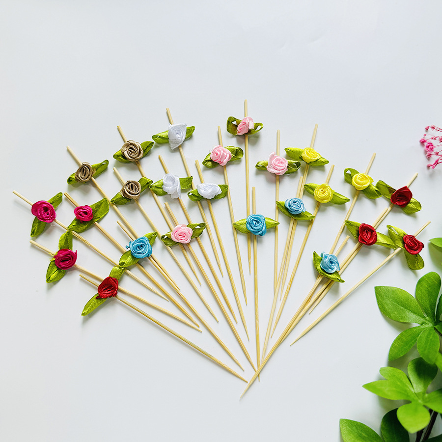 BambooMake.cn 12CM Satin Rose Flower Bamboo Skewers – Cocktail Picks, Food Picks, Appetizer & De